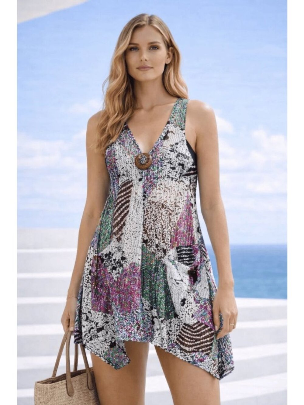 Paradise USA Colorful Boho Sleeveless Cover-up With Wooden Accent 3XL - Picture 8 of 8